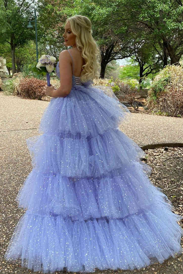 Roycebridal Glitter Hi-Low Lavender Tiered Tulle Prom Dress