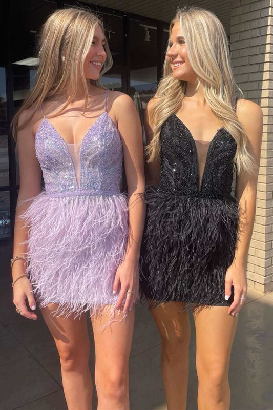 Rhea | Lavender Lace Feather Short Homecoming Dress