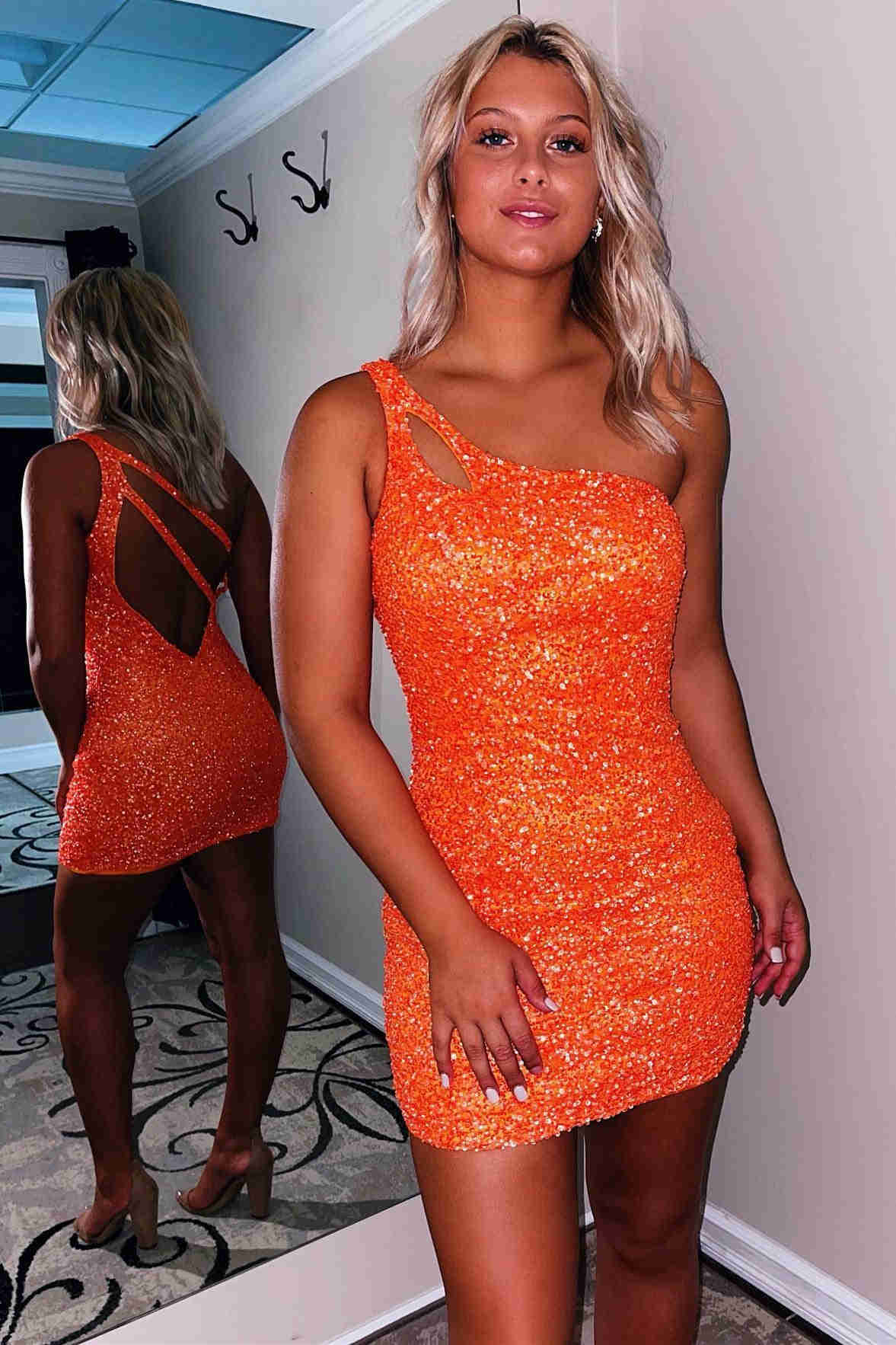 Magdalene |Sparkly Bodycon One Shoulder Sequins Short Homecoming Dress with Keyhole