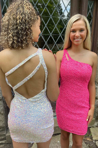 Magdalene |Sparkly Bodycon One Shoulder Sequins Short Homecoming Dress with Keyhole