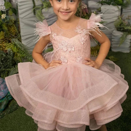 Roycebridal Luxury Pink Baby Flower Girl Dress Feathers Princess Kids Ball Gown for Birthday Wedding Party Holy Communion J144