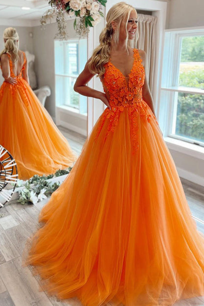 Roycebridal Marigold |A-Line V-Neck Long Tulle Prom Dress with Appliques