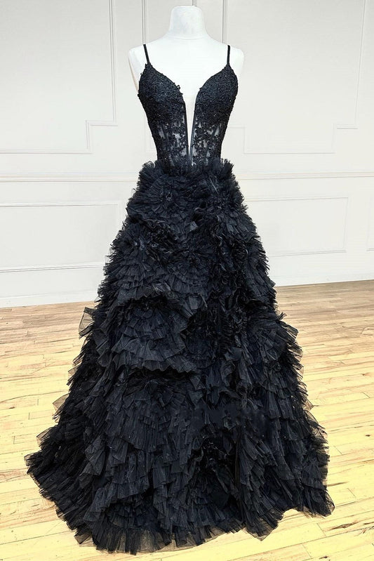 Joyce| Black Plunge V Spaghetti Strap Ruffle Tiered Long Gown