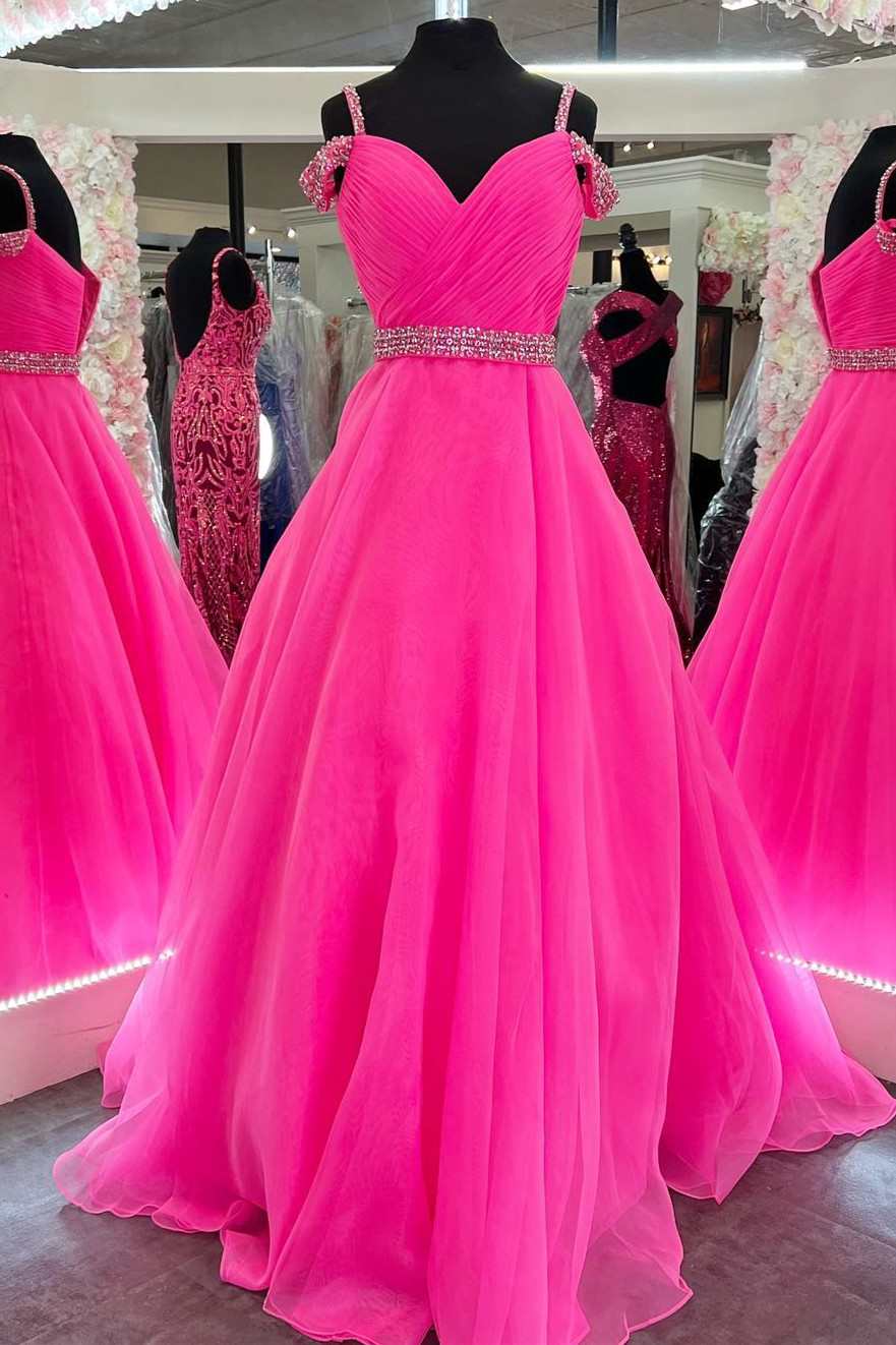 Roycebridal Hot Pink Beaded Cold-Shoulder A-Line Prom Dress