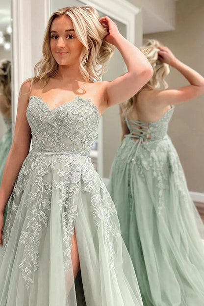 Roycebridal Beulah | A-Line Sweetheart Sage Green Tulle Lace Long Prom Dresses