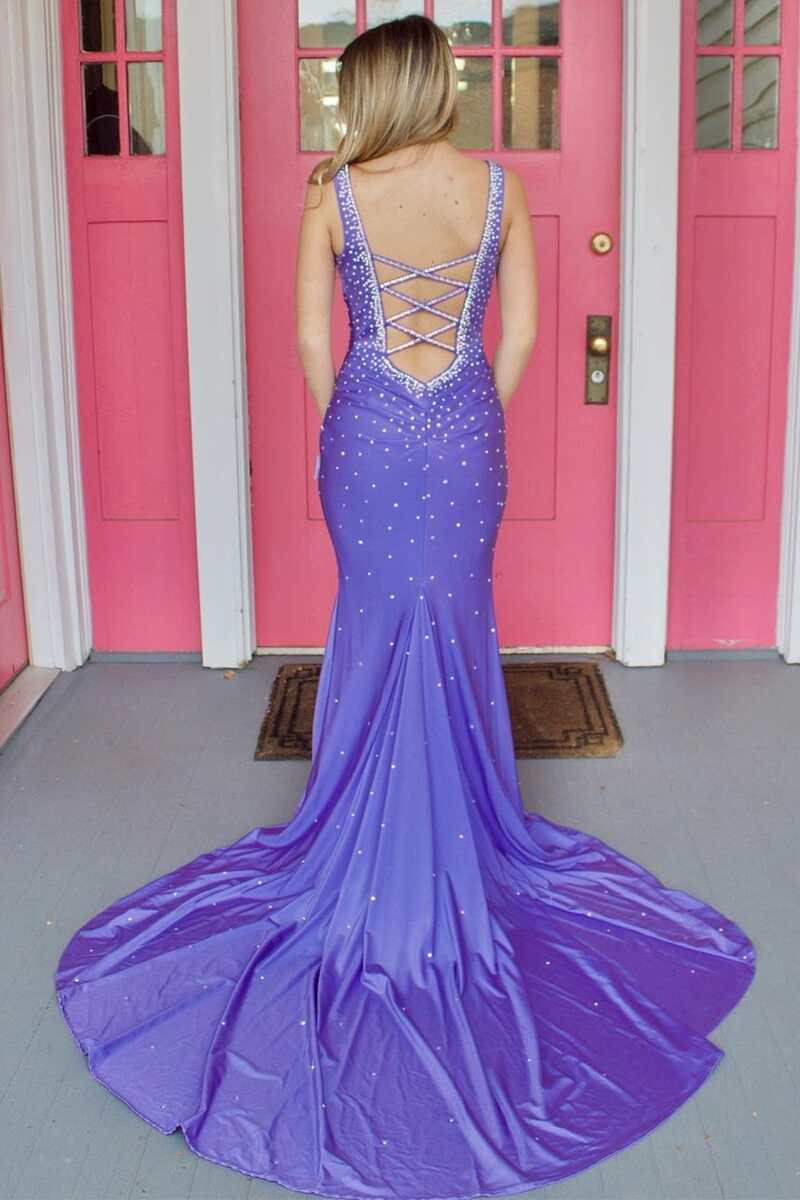 Roycebridal Elle |Mermaid V-Neck Beaded Satin Prom Dress with Cross Back