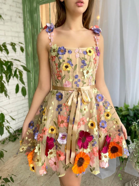 Sophie | A Line Floral Short Homecoming Dress With 3D Flowers