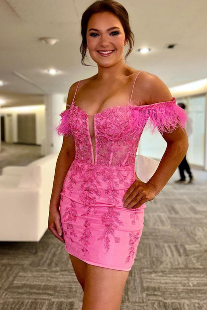 Queenie |Sheath Off the Shoulder Pink Lace Homecoming Dress