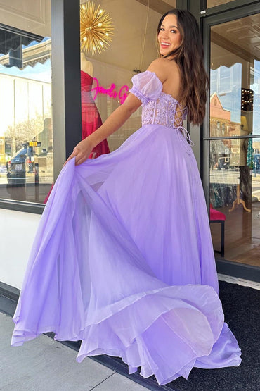 Roycebridal Rachel |A line Sweetheart Chiffon Prom Dress with Puff Sleeves