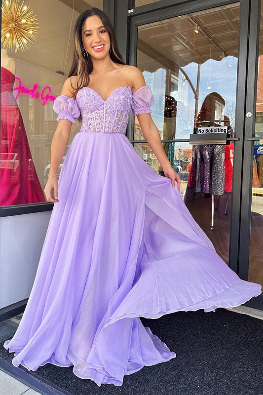 Roycebridal Rachel |A line Sweetheart Chiffon Prom Dress with Puff Sleeves