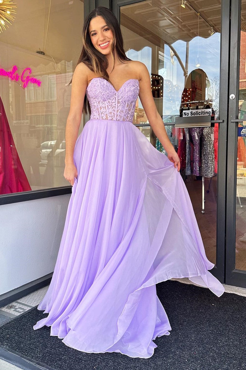 Roycebridal Rachel |A line Sweetheart Chiffon Prom Dress with Puff Sleeves