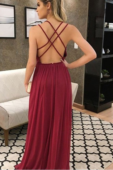 Deep V Neck Burgundy Bridesmaid Dresses High Slit Pleated Dress