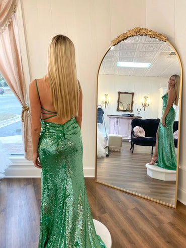 Roycebridal Roycebridal River | Chic Elegant Spaghetti Straps Long Prom Dresses Sage Sequins Evening Dress