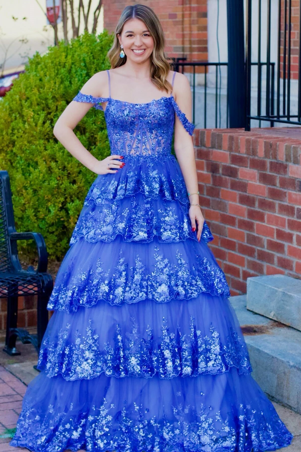 Roycebridal Maureen | Tulle Sequin Cold-Shoulder Ruffle Tiered Long Prom Dress