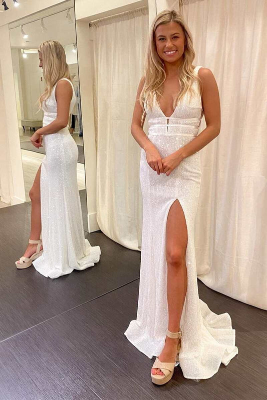 Roycebridal White Sequined V-Neck Mermaid Prom Dress with Slit