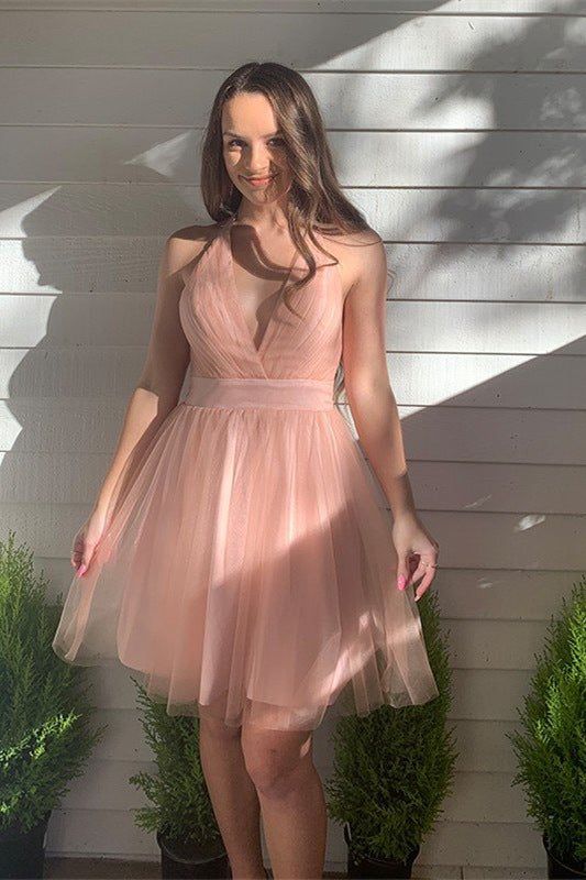 Winifred |A-line Blush Deep V-Neck Tulle  Homecoming Dress