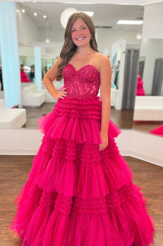 Roycebridal Adelyn |Fuchsia A-Line Sweetheart Tiered Tulle Prom Dress