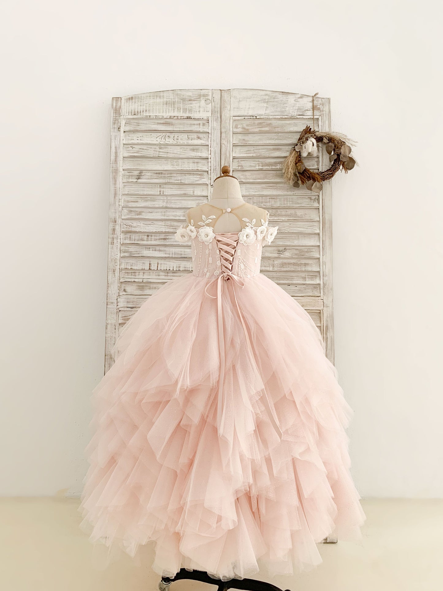 Ruffle Cold Shoulder Pink Tulle Floor Length Wedding Party Flower Girl Dress