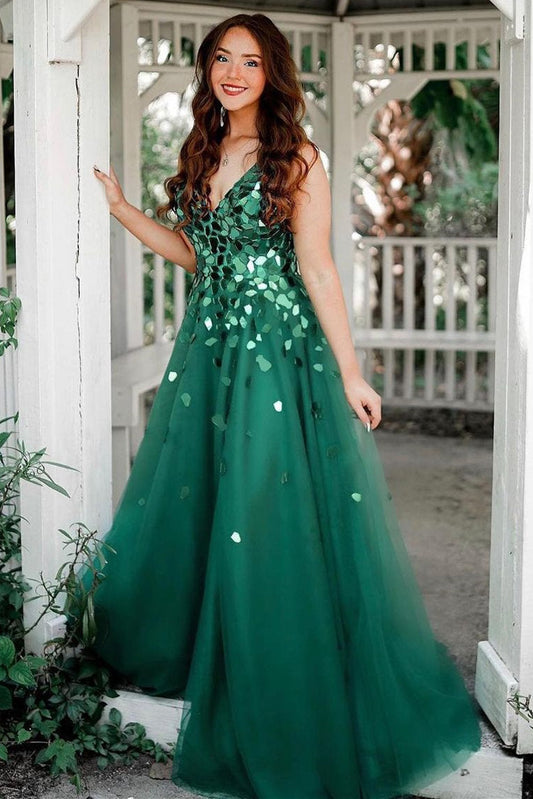 Roycebridal Shelly | A-Line Green V-Neck Sequins Long Prom Dress