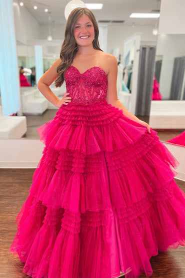 Roycebridal Adelyn |Fuchsia A-Line Sweetheart Tiered Tulle Prom Dress