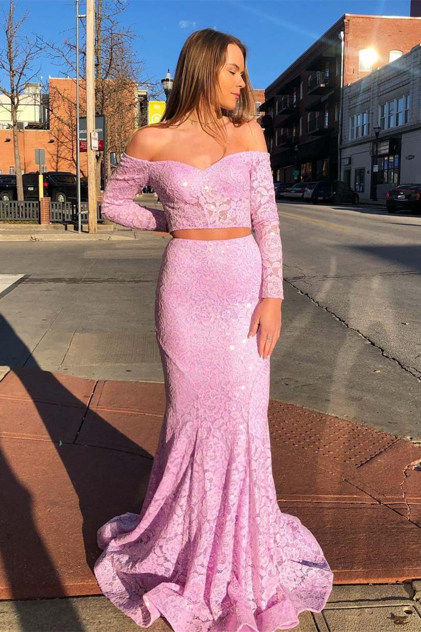 Roycebridal Off the Shoulder Pink Lace Long Prom Dress