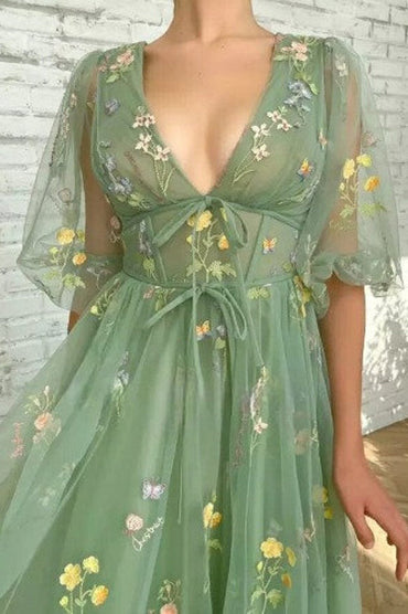 Roycebridal Green V Neck Short Sleeves Ankle Length Floral Tulle Short Prom Dresses