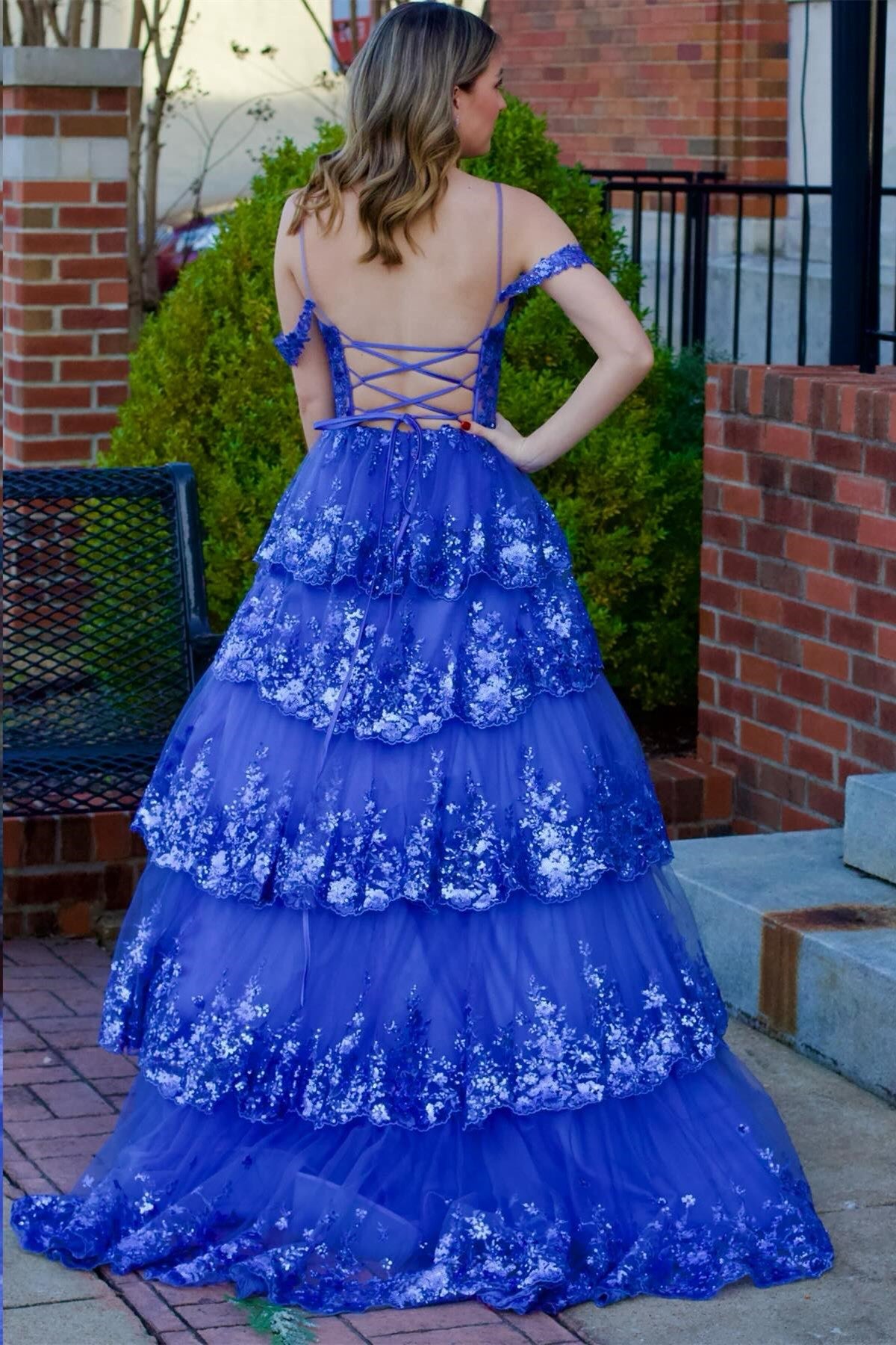 Roycebridal Maureen | Tulle Sequin Cold-Shoulder Ruffle Tiered Long Prom Dress