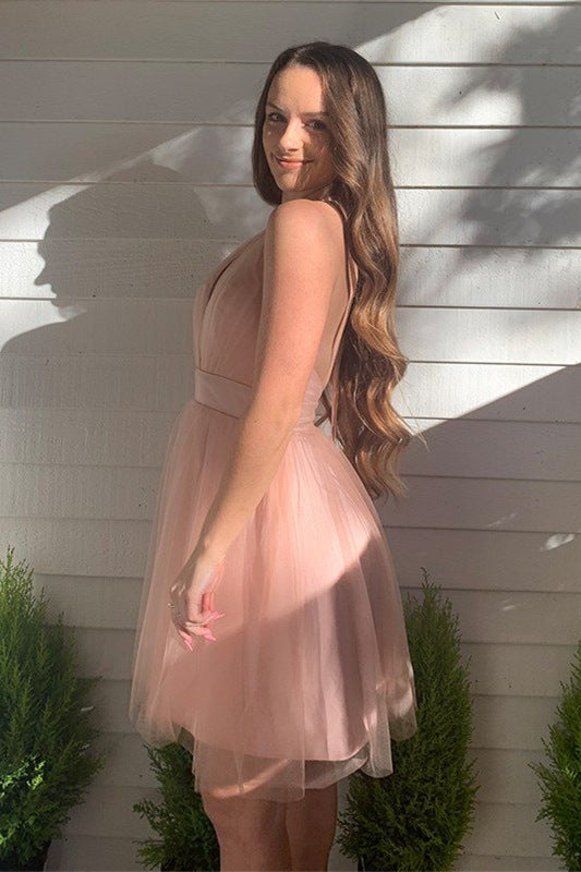 Winifred |A-line Blush Deep V-Neck Tulle  Homecoming Dress