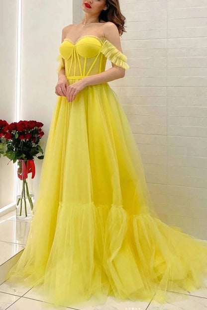 Roycebridal Lexie | A Line Off the Shoulder Yellow Corset Prom Dress