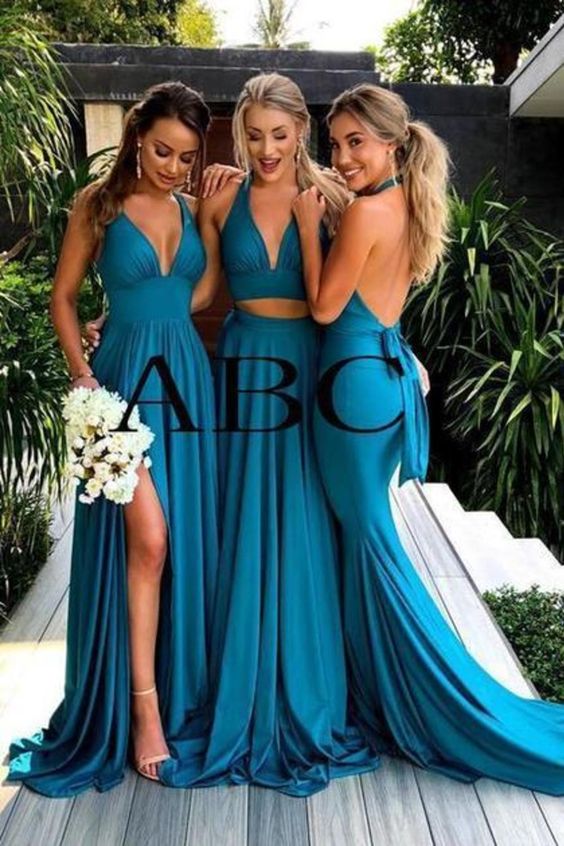 Roycebridal Multiway Halter Long Two Piece Beach Blue Bridesmaid Dresses Split Backless