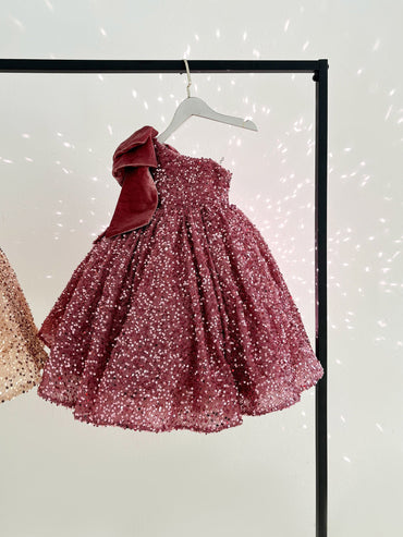 Ball Gown Single Sleeve Burgundy Sequin Knee Length Party Flower Girl Dress