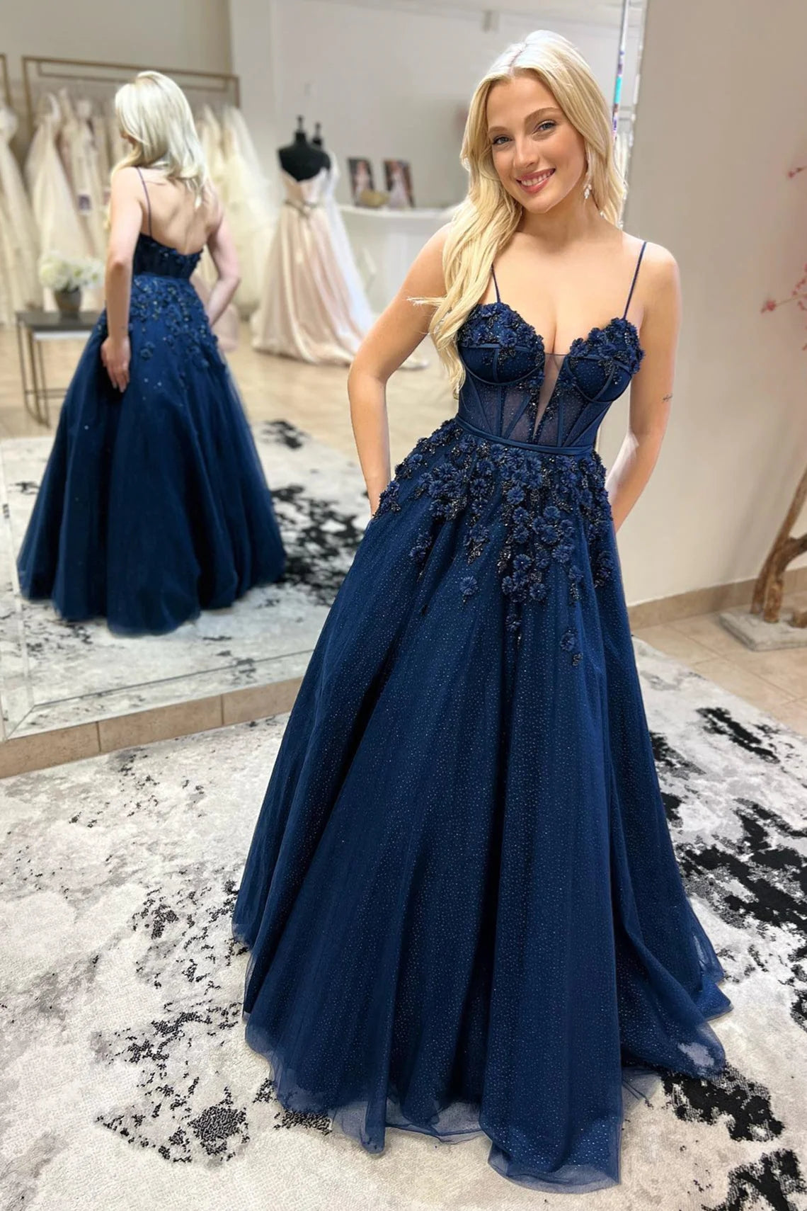 Roycebridal Avalynn | Navy Blue Straps Plunging V Floral Beaded Long Prom Dress