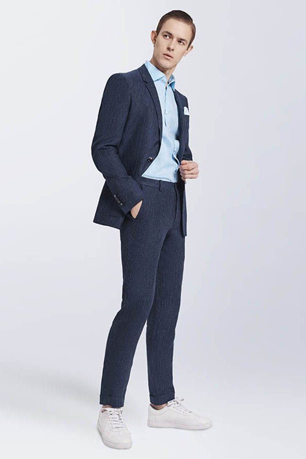 New Arrival Dark Navy Mens Casual Suits Stripes Patch Pockets Daily Men's Suits-showprettydress