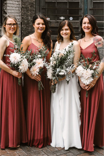 Simple V Neck Chiffon Rust Bridesmaid Dresses Fall Open Back