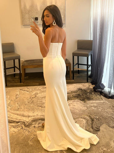 Roycebridal White Strapless V Neck Long Prom Dress With Slit