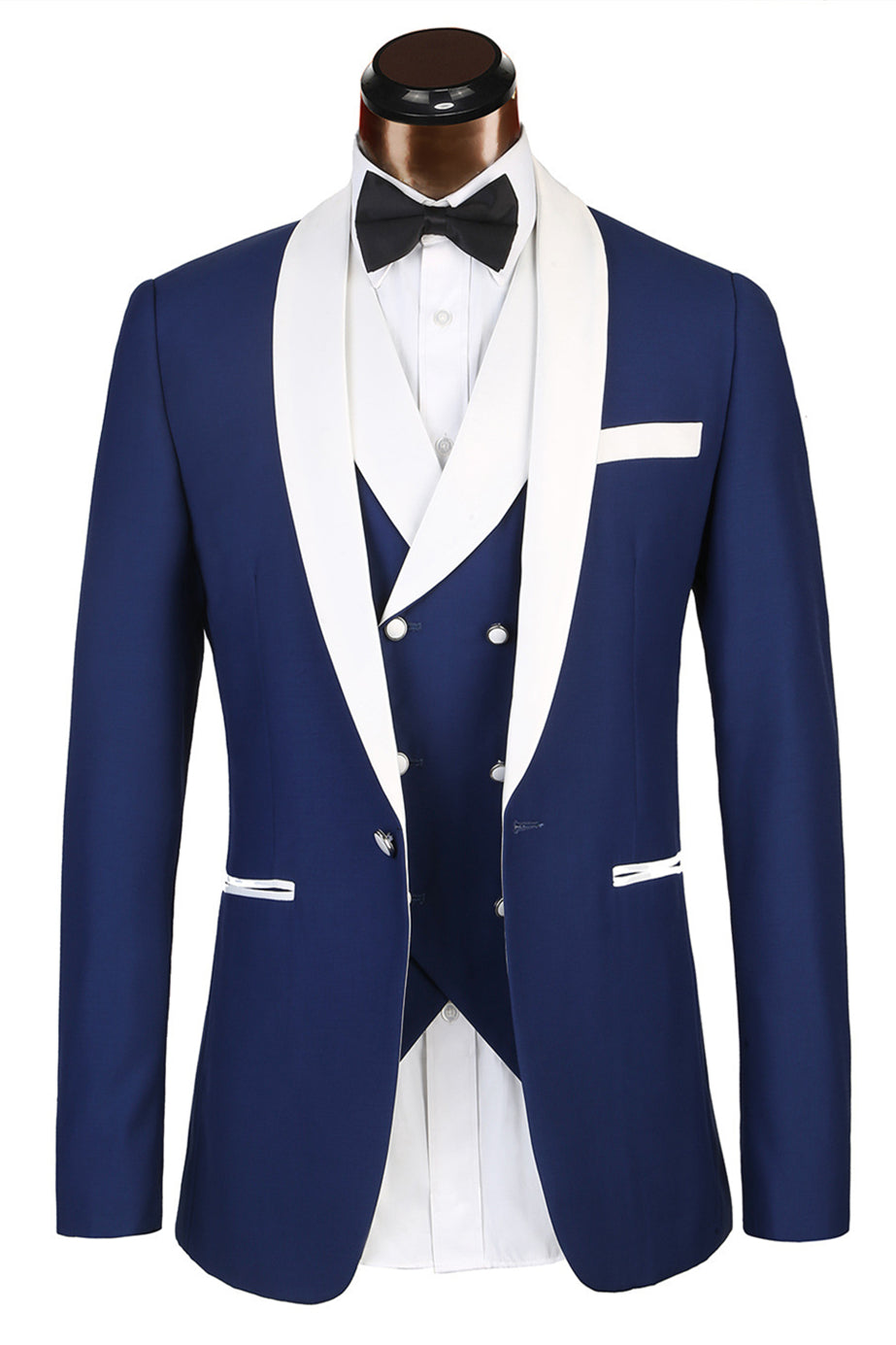 3 Piece Classic White Lapel Edge Banding Formal Blue Men's Suit For Wedding-showprettydress