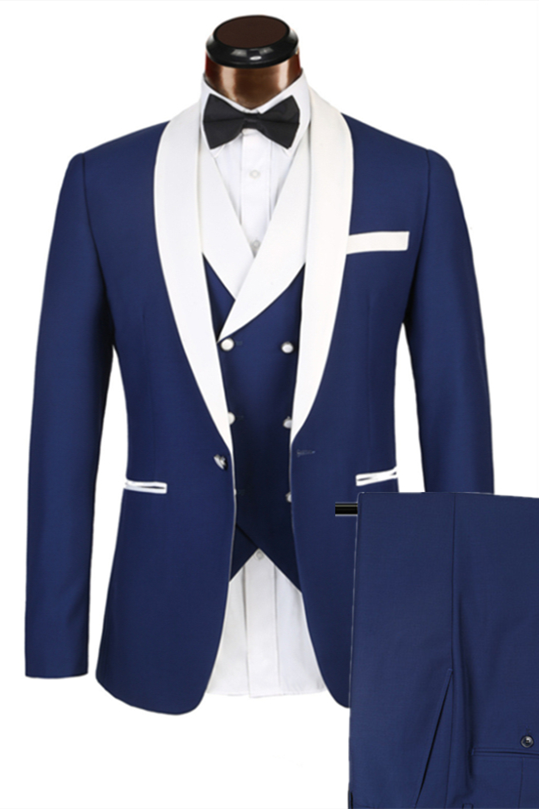 3 Piece Classic White Lapel Edge Banding Formal Blue Men's Suit For Wedding-showprettydress