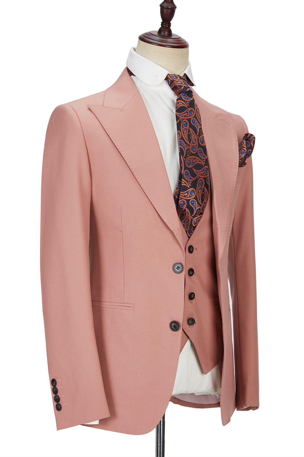 3 Piece Coral Pink Two Buttons Peak Lapel Classic Men's Suit-showprettydress