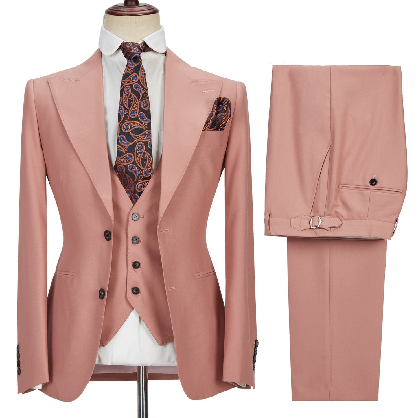 3 Piece Coral Pink Two Buttons Peak Lapel Classic Men's Suit-showprettydress