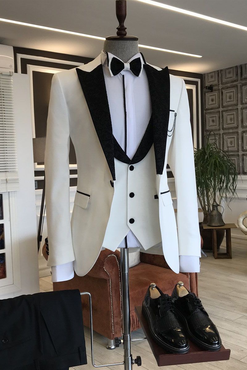 3-pieces White Men's Prom Suits mixed Black Peaked Lapel-showprettydress