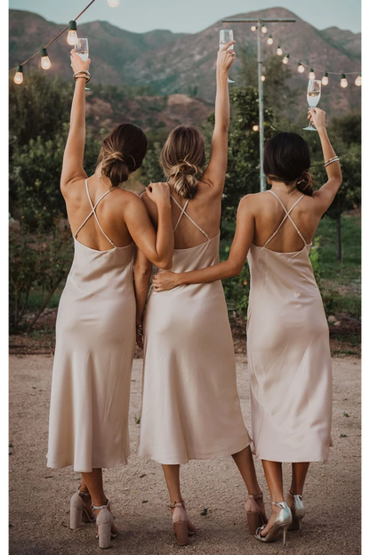 Sheath Tea Length Sleeveless Sexy Bridesmaid Dresses Spaghetti Strap