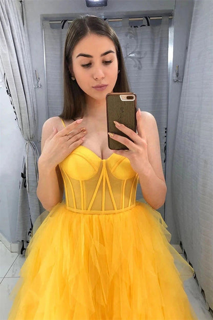 Vivian | Spaghetti Straps Yellow Tulle Long Formal Dress