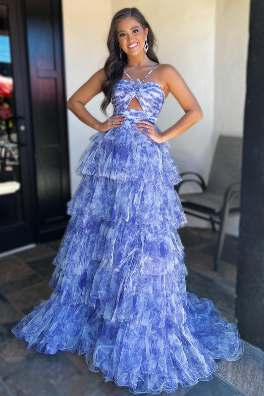 Roycebridal Emmeline| Blue Print Halter Keyhole Ruffle Tiered Long Prom Dress