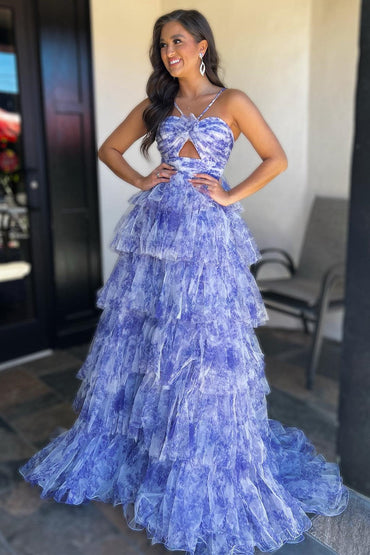 Roycebridal Emmeline| Blue Print Halter Keyhole Ruffle Tiered Long Prom Dress