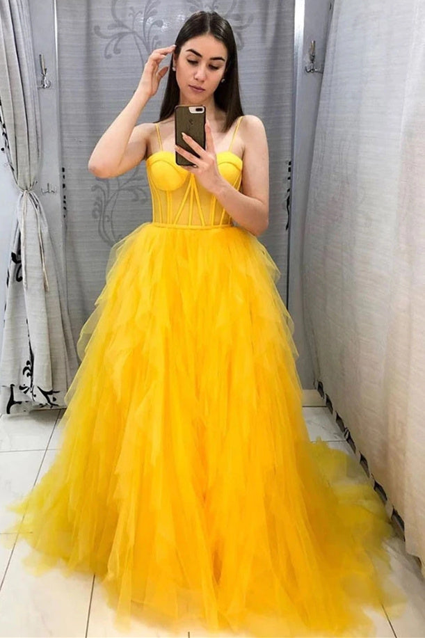 Vivian | Spaghetti Straps Yellow Tulle Long Formal Dress