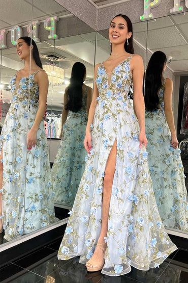 Roycebridal Light Blue Organza Plunge V A-Line Long Prom Dress with 3D Floral Lace