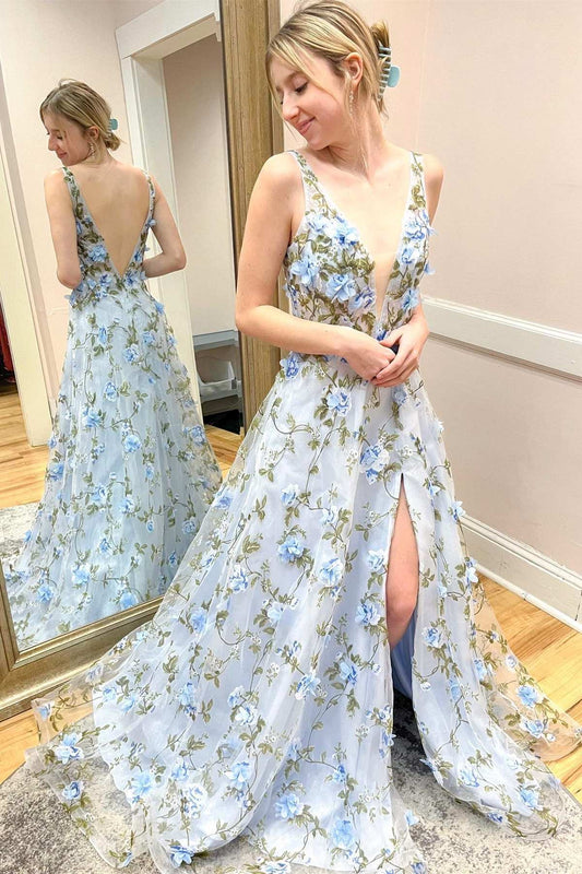 Roycebridal Light Blue Organza Plunge V A-Line Long Prom Dress with 3D Floral Lace