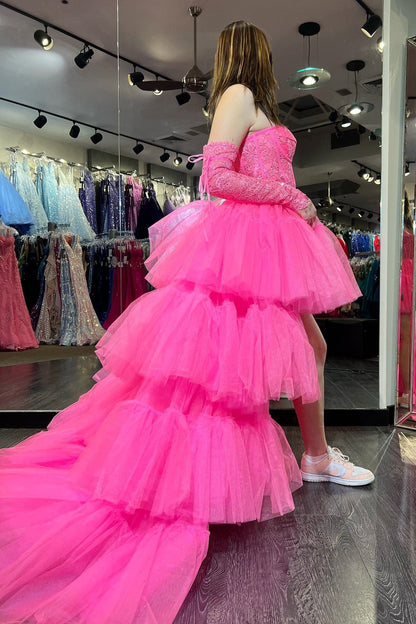 Roycebridal Sue | Hot Pink Off-Shoulder A-line Tulle Layers Applique Hi-Low Prom Dress