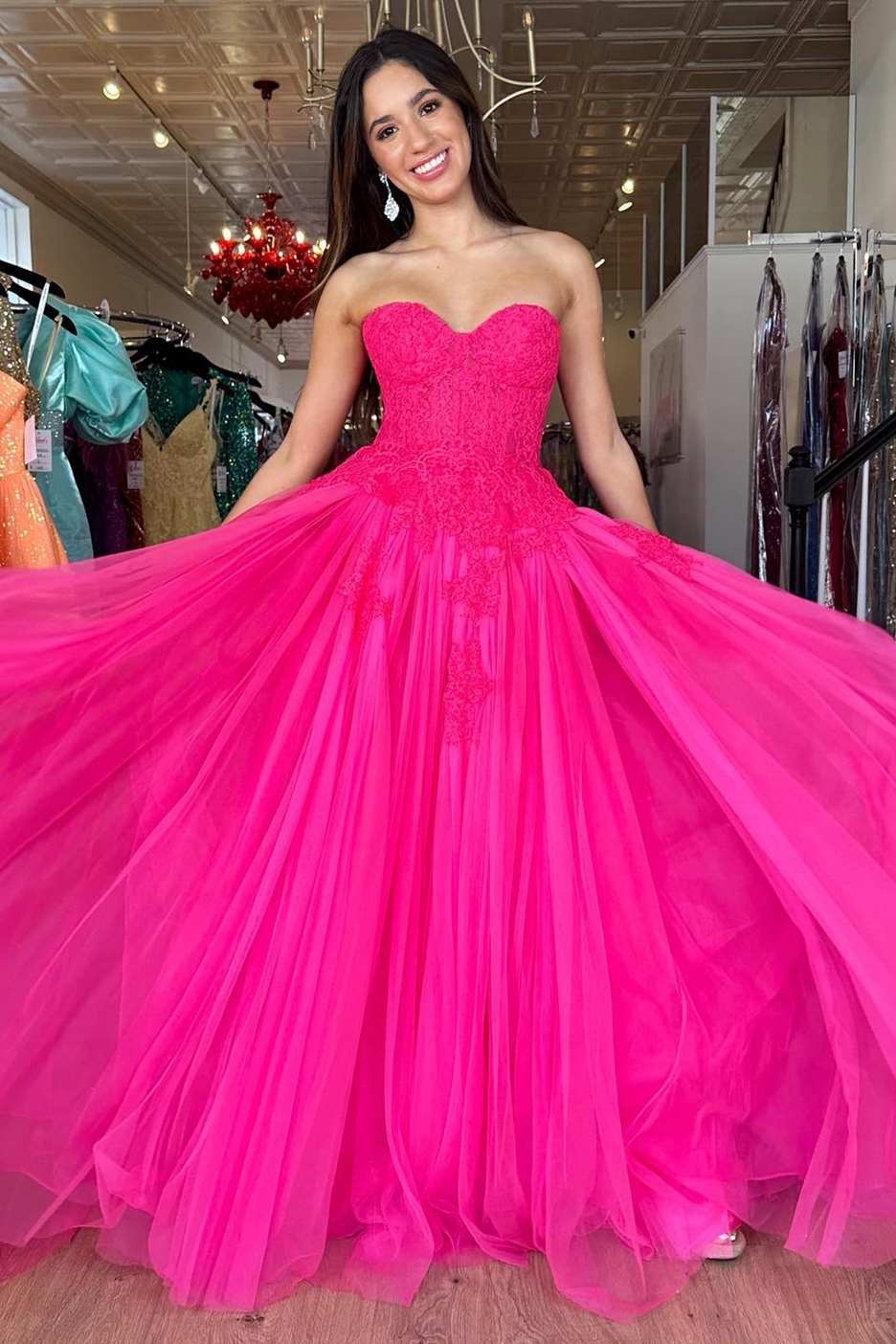 Roycebridal Amora |A-Line Hot Pink Tulle Lace StraplessLong Prom Dress