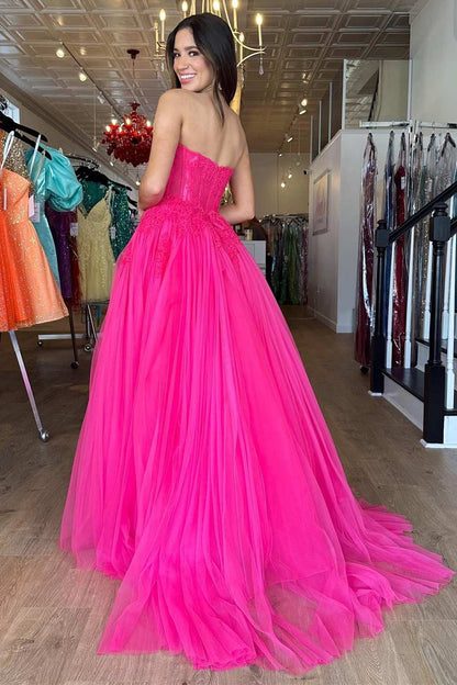 Roycebridal Amora |A-Line Hot Pink Tulle Lace StraplessLong Prom Dress